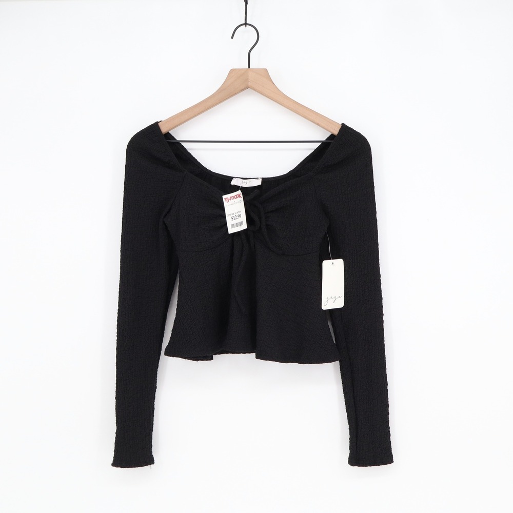 Gaze Top Womens Small Black Textured Long Sleeve Tie Front Cropped NEW